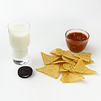 Milk and a Cream Filled Cookie Chips and Salsa