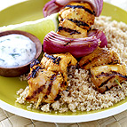 Grilled Tandoori Chicken and Red Onion Skewers with Couscous 